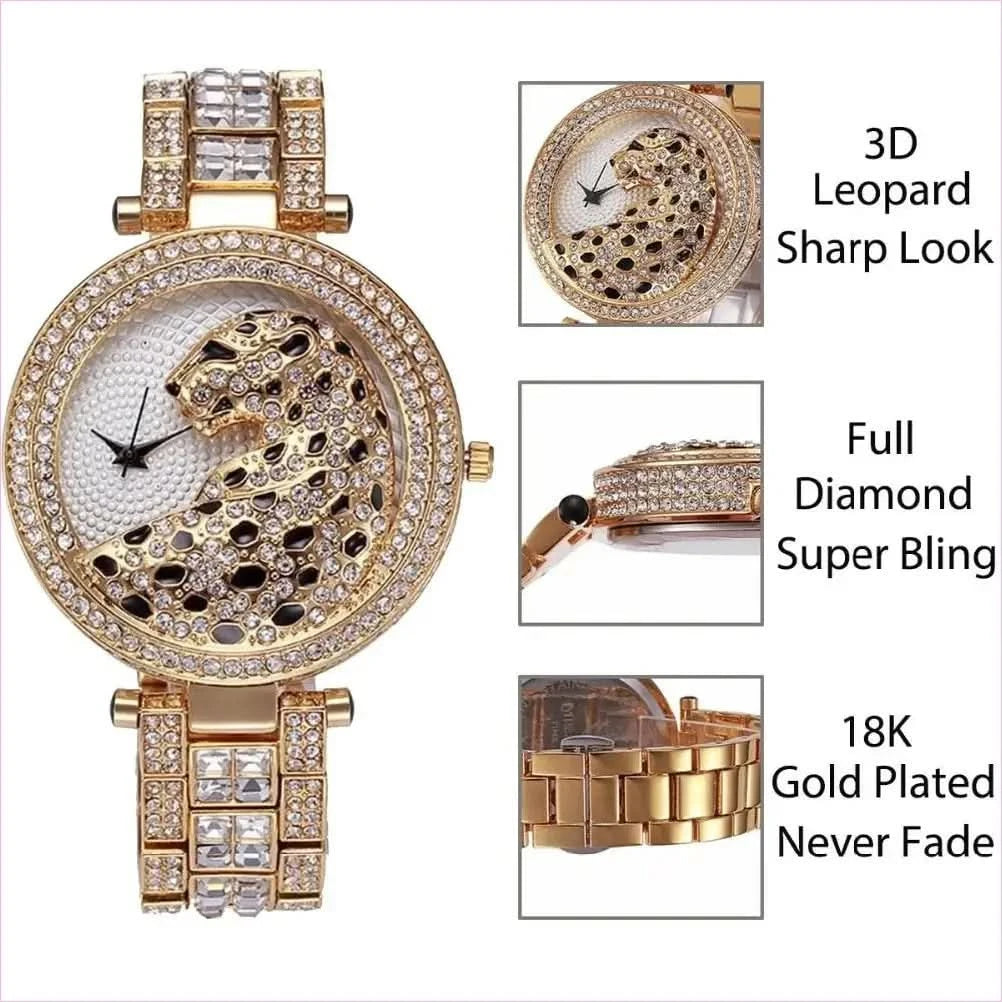 Stylish Gold Quartz Watch with Crystal Bling and Leopard Print Design - Pleasures and Sins