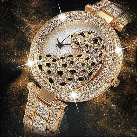 Stylish Gold Quartz Watch with Crystal Bling and Leopard Print Design - Pleasures and Sins
