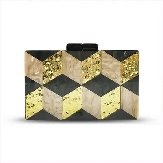 Stylish Ladies Deco Geometric Acrylic Dinner Bag in Gold and Black - Pleasures and Sins