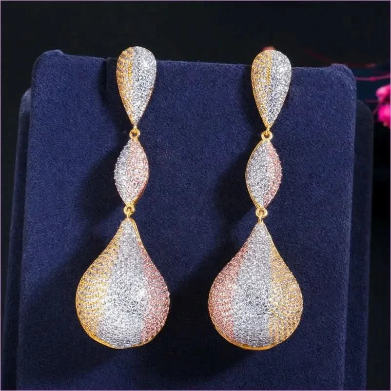 Stylish Long Elegant Earrings with Micropaved Zirconia Three-color Design - Pleasures and Sins