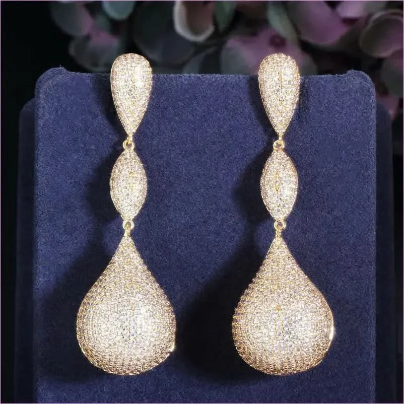 Stylish Long Elegant Earrings with Micropaved Zirconia Three-color Design - Pleasures and Sins