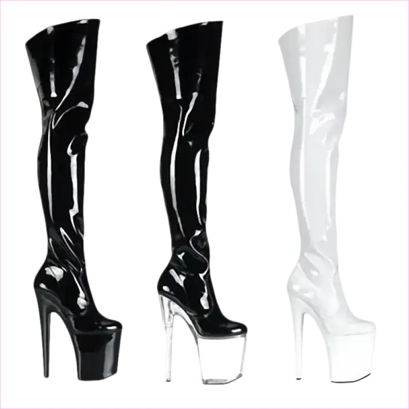 Stylish Patent Leather Ladies Boots with Transparent Heels in Black and White - Pleasures and Sins