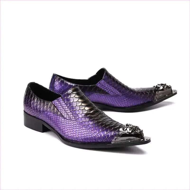 Stylish Purple Leather Crocodile Design Shoes with Metal Toe Caps - Pleasures and Sins