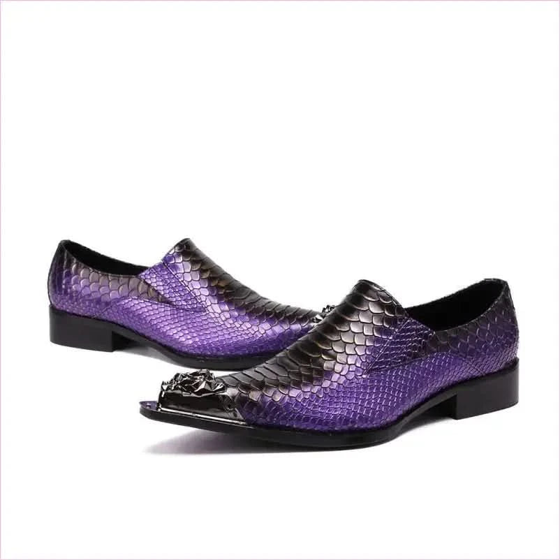 Stylish Purple Leather Crocodile Design Shoes with Metal Toe Caps - Pleasures and Sins
