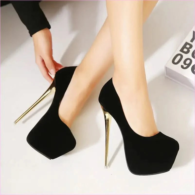 Stylish Suedette Platform Pumps with Gold Stiletto Heels - Pleasures and Sins
