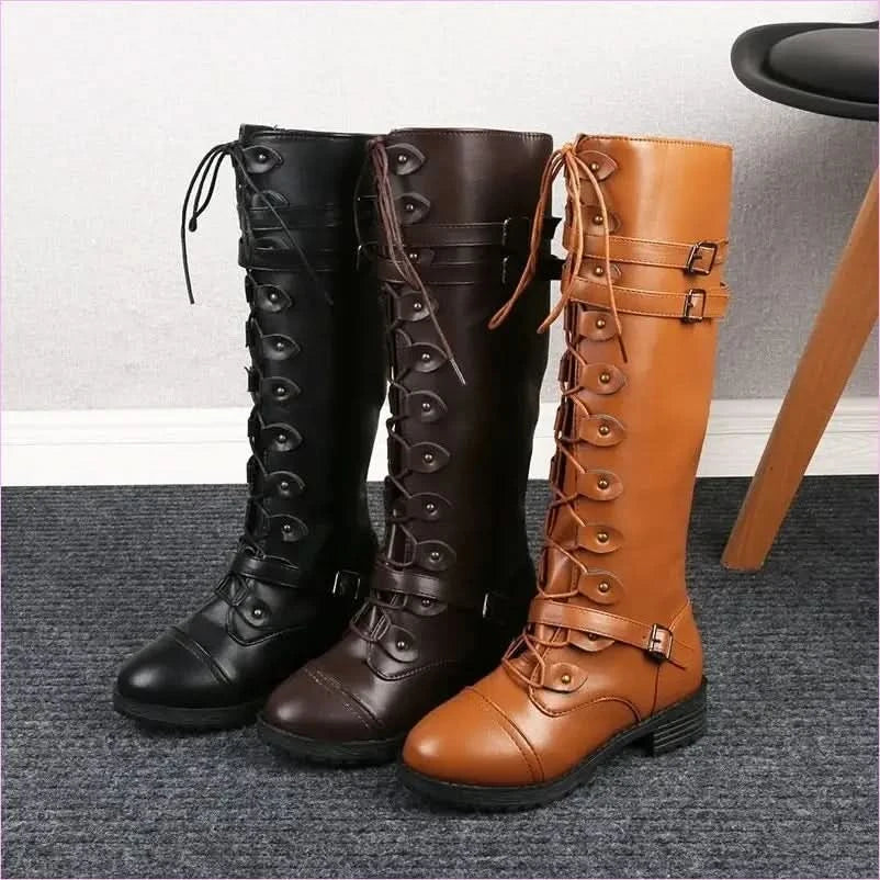 Stylish Women’s Knight Boots with Round Toe and Square Heel - Pleasures and Sins