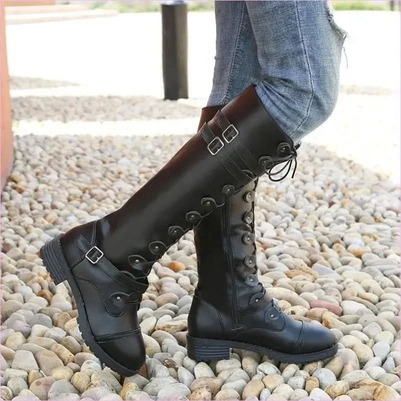 Stylish Women’s Knight Boots with Round Toe and Square Heel - Pleasures and Sins