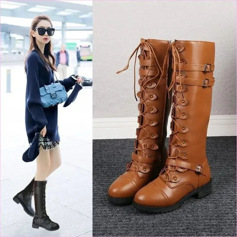 Stylish Women’s Knight Boots with Round Toe and Square Heel - Pleasures and Sins