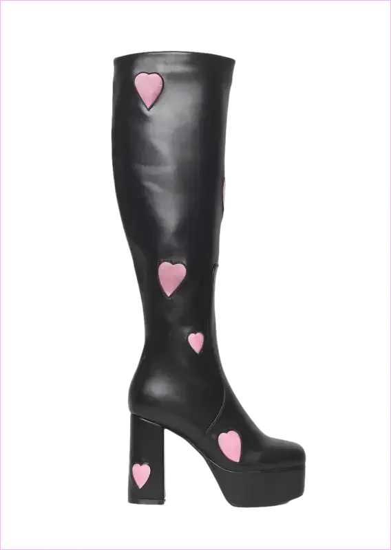Sweetheart Knee High Platform Heel Boots with Pink Heart Decor - Pleasures and Sins