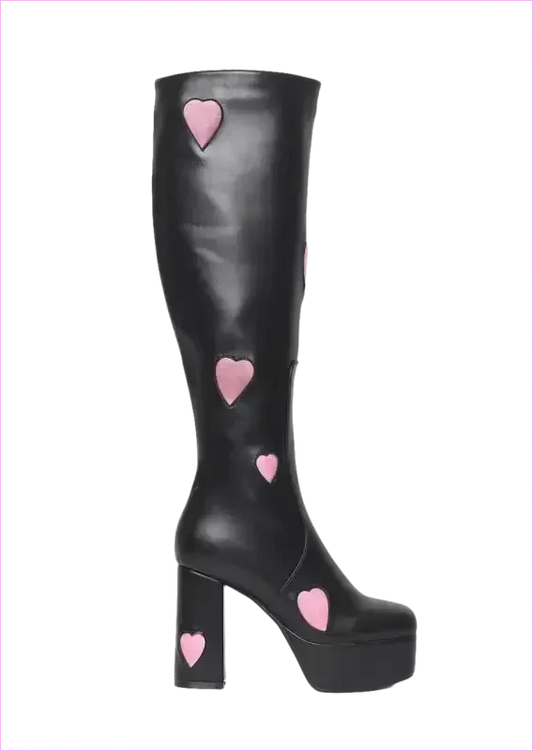 Sweetheart Knee High Platform Heel Boots with Pink Heart Decor - Pleasures and Sins