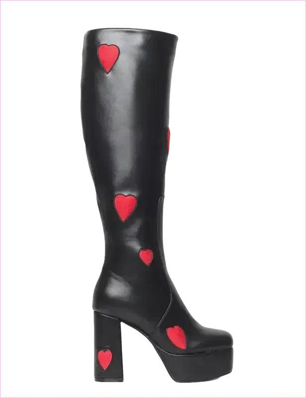 Sweetheart Knee High Platform Heel Boots with Pink Heart Decor - Pleasures and Sins