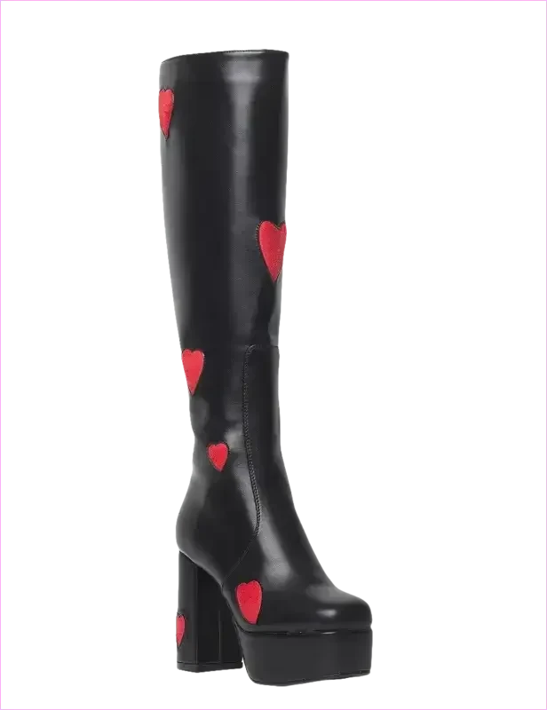 Sweetheart Knee High Platform Heel Boots with Pink Heart Decor - Pleasures and Sins