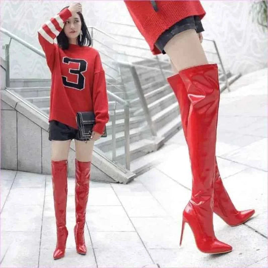 Tall Black Patent Over-the-knee Unisex Stiletto Boots - Pleasures and Sins