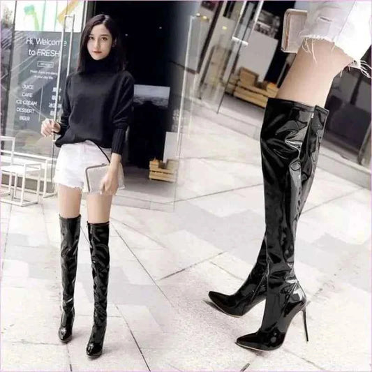 Tall Black Patent Over-the-knee Unisex Stiletto Boots - Pleasures and Sins