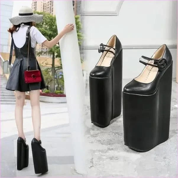 Tall Black Retro Platform Pumps with 30cm High Heel for Women - Pleasures and Sins