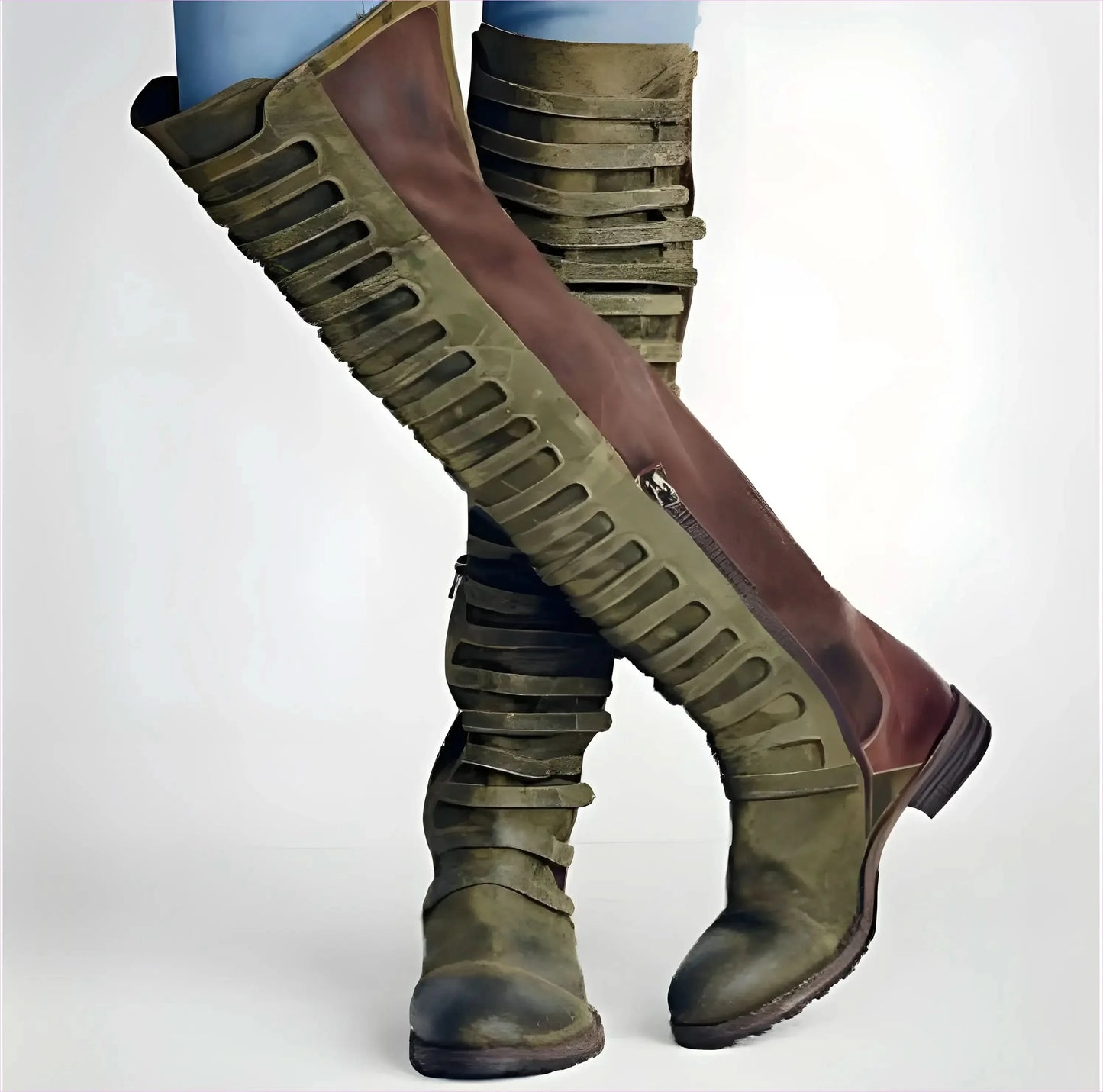 Tall Olive Green and Burgundy Faux Suede Round Toe Knee Boots - Pleasures and Sins