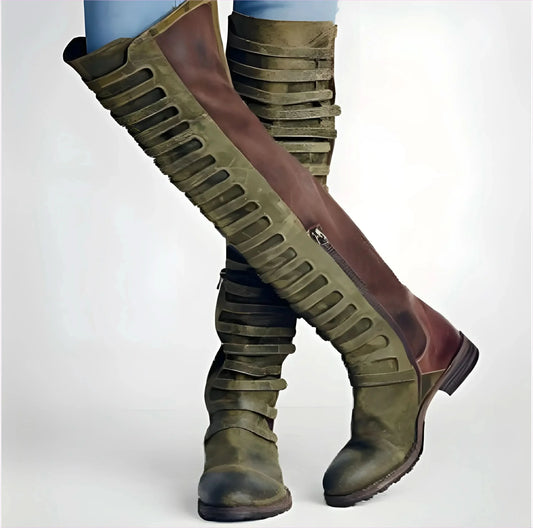 Tall Olive Green and Burgundy Faux Suede Round Toe Knee Boots - Pleasures and Sins
