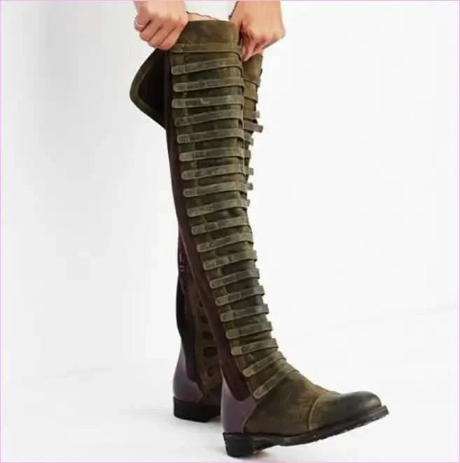 Tall Olive Green and Burgundy Faux Suede Round Toe Knee Boots - Pleasures and Sins