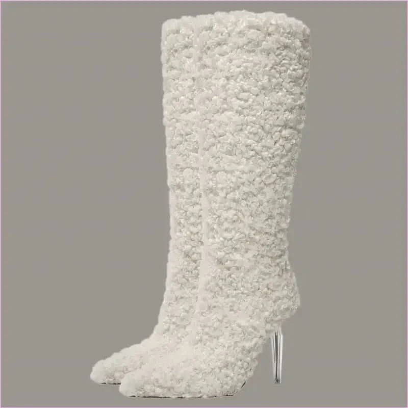Tall White Furry Knee High Pointed Toe Boots with Crystal Transparent Heel - Pleasures and Sins