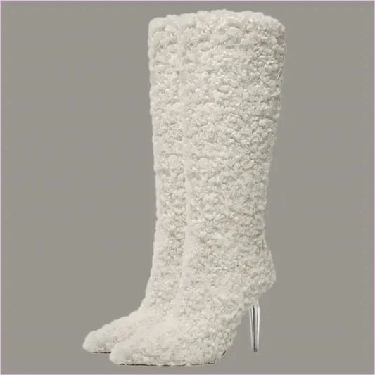 Tall White Furry Knee High Pointed Toe Boots with Crystal Transparent Heel - Pleasures and Sins