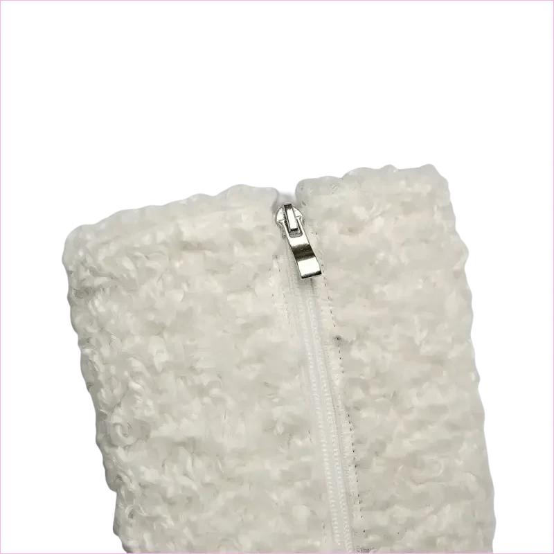 Tall White Furry Knee High Pointed Toe Boots with Crystal Transparent Heel - Pleasures and Sins