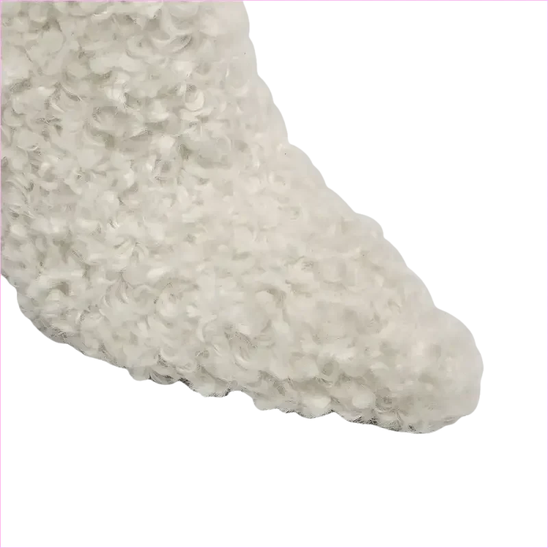 Tall White Furry Knee High Pointed Toe Boots with Crystal Transparent Heel - Pleasures and Sins