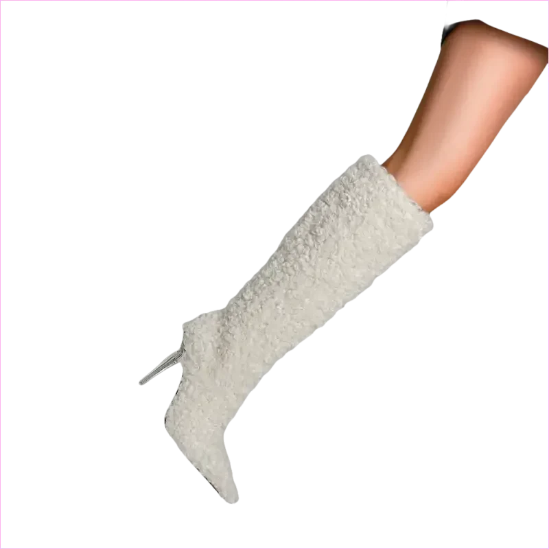 Tall White Furry Knee High Pointed Toe Boots with Crystal Transparent Heel - Pleasures and Sins