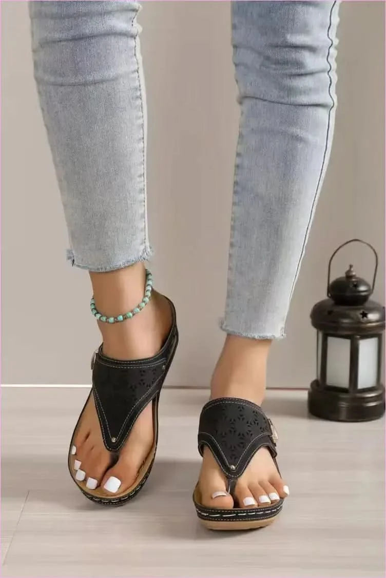 Tan Leather Platform Wedge Sandals in Roman Style with Floral Cutouts - Pleasures and Sins