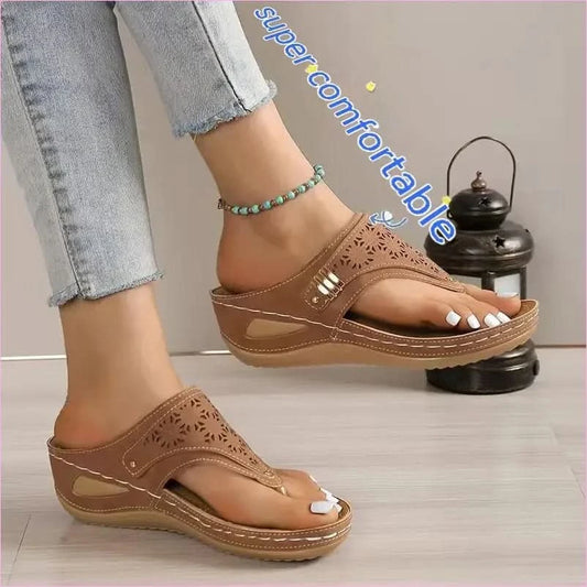 Tan Leather Platform Wedge Sandals in Roman Style with Floral Cutouts - Pleasures and Sins