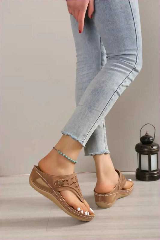 Tan Leather Platform Wedge Sandals in Roman Style with Floral Cutouts - Pleasures and Sins