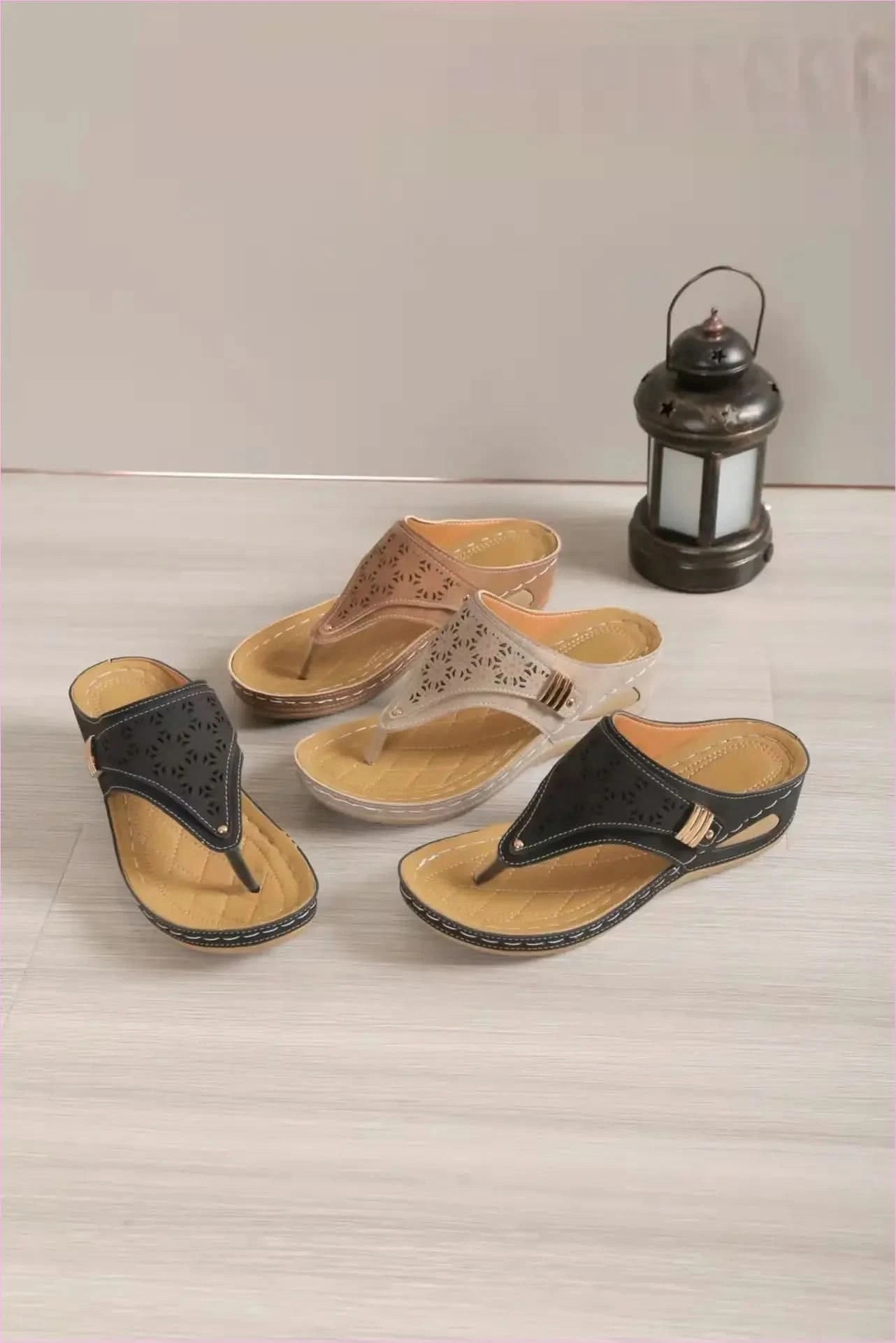 Tan Leather Platform Wedge Sandals in Roman Style with Floral Cutouts - Pleasures and Sins