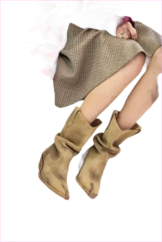 Tan Suede Split Toe Ankle Boots with Chunky Heel - Pleasures and Sins
