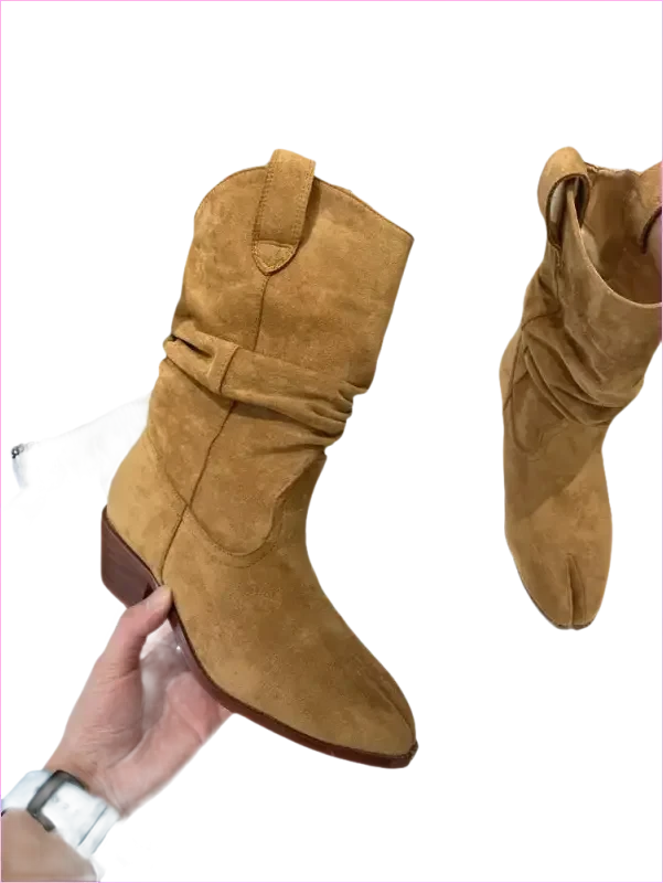 Tan Suede Split Toe Ankle Boots with Chunky Heel - Pleasures and Sins