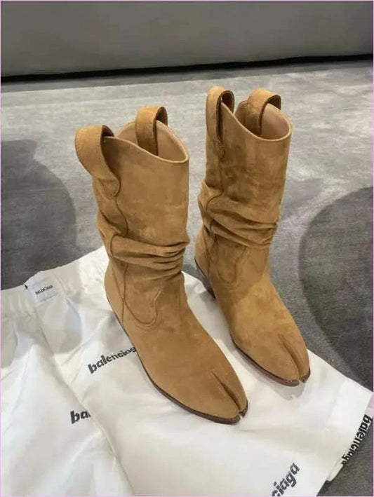 Tan Suede Split Toe Ankle Boots with Chunky Heel - Pleasures and Sins