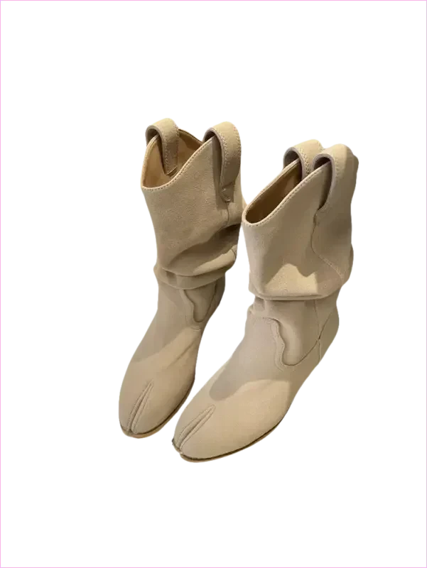 Tan Suede Split Toe Ankle Boots with Chunky Heel - Pleasures and Sins
