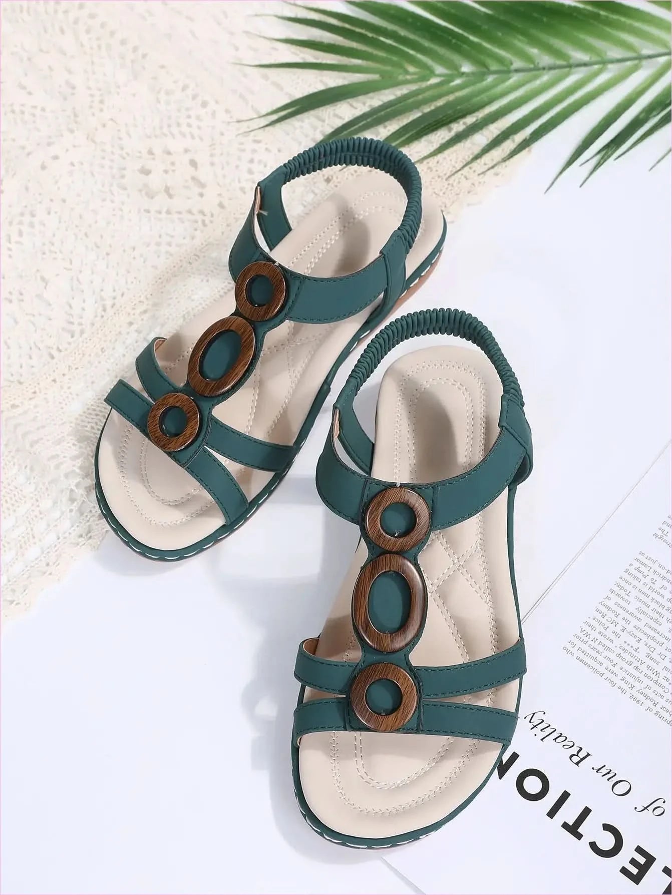 Teal Ladies Bohemian Design Ankle Fasten Sandals with Wooden Ring - Pleasures and Sins