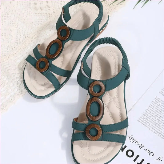 Teal Ladies Bohemian Design Ankle Fasten Sandals with Wooden Ring - Pleasures and Sins