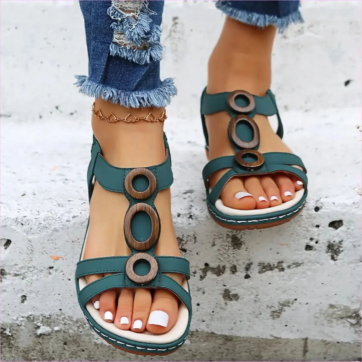 Teal Ladies Bohemian Design Ankle Fasten Sandals with Wooden Ring - Pleasures and Sins