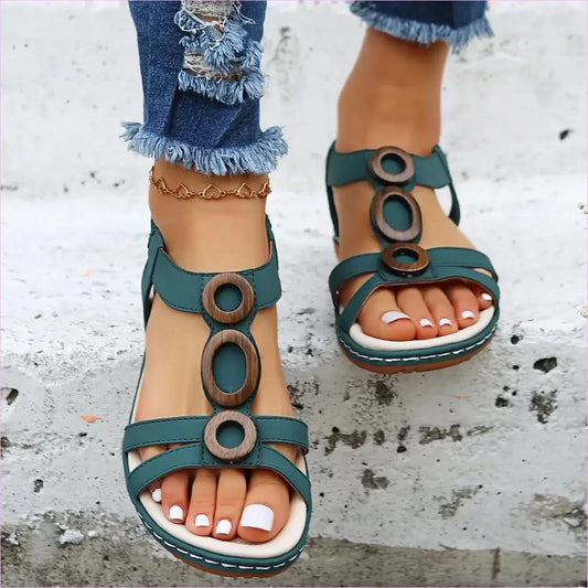 Teal Ladies Bohemian Design Ankle Fasten Sandals with Wooden Ring - Pleasures and Sins