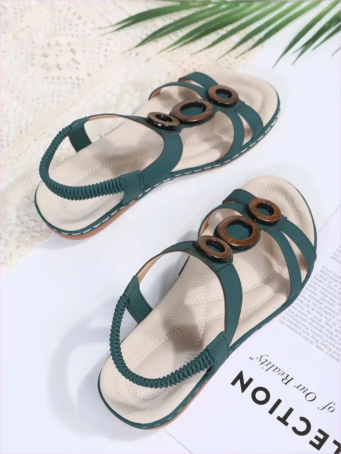 Teal Ladies Bohemian Design Ankle Fasten Sandals with Wooden Ring - Pleasures and Sins