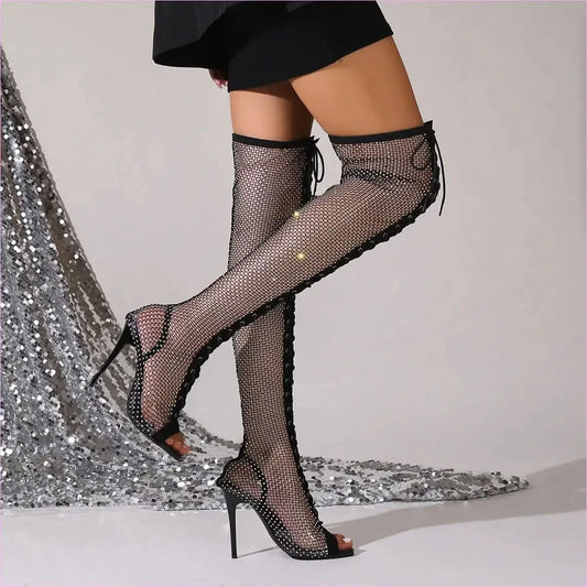 Thigh-high Open Toe Mesh Pointed Toe Sandal Boots - Pleasures and Sins