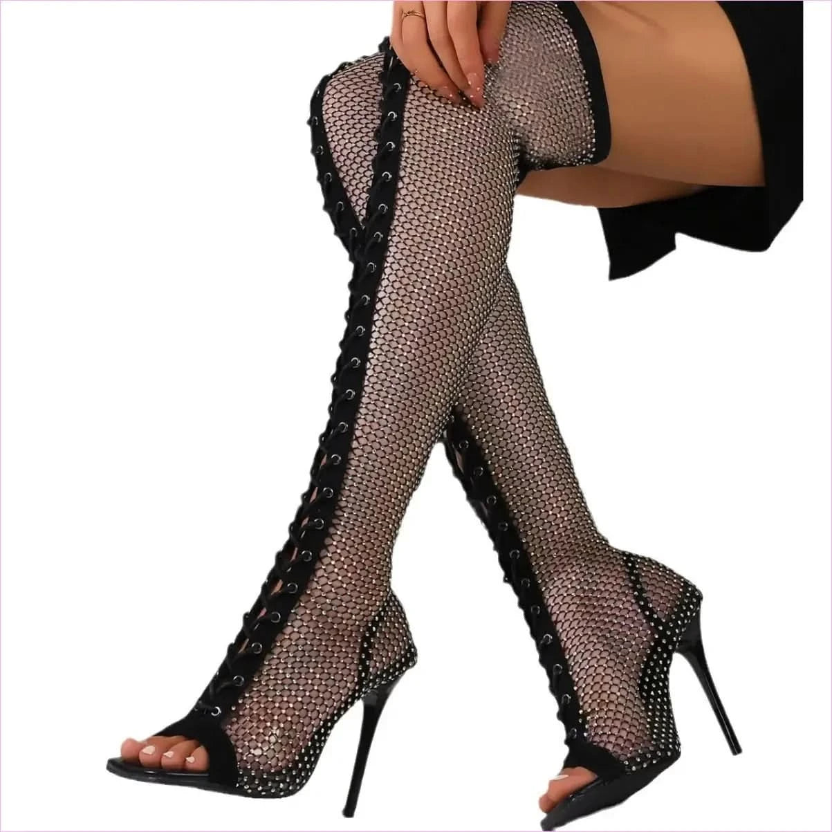 Thigh-high Open Toe Mesh Pointed Toe Sandal Boots - Pleasures and Sins