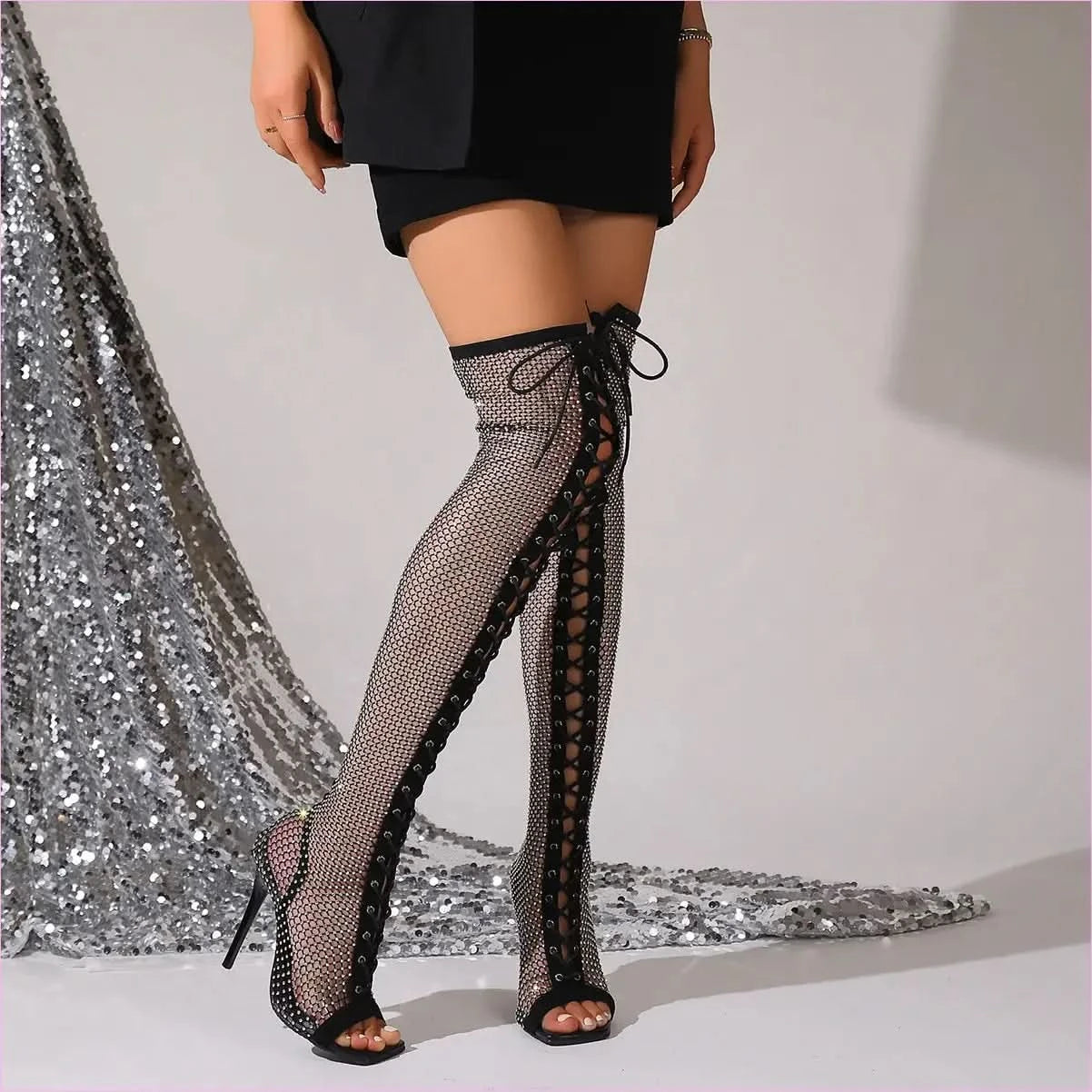 Thigh-high Open Toe Mesh Pointed Toe Sandal Boots - Pleasures and Sins