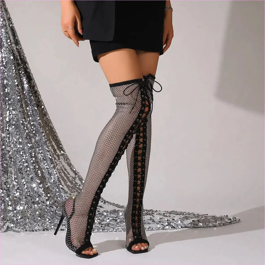 Thigh-high Open Toe Mesh Pointed Toe Sandal Boots - Pleasures and Sins