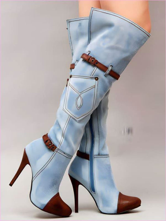 Thigh High Pointed Toe Denim Knee High Boots with Leather Accents - Pleasures and Sins