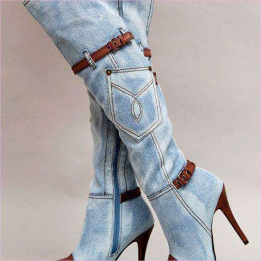 Thigh High Pointed Toe Denim Knee High Boots with Leather Accents - Pleasures and Sins