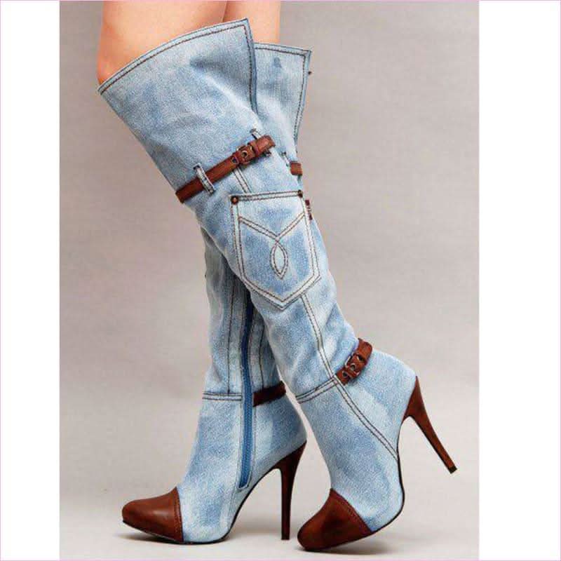 Thigh High Pointed Toe Denim Knee High Boots with Leather Accents - Pleasures and Sins