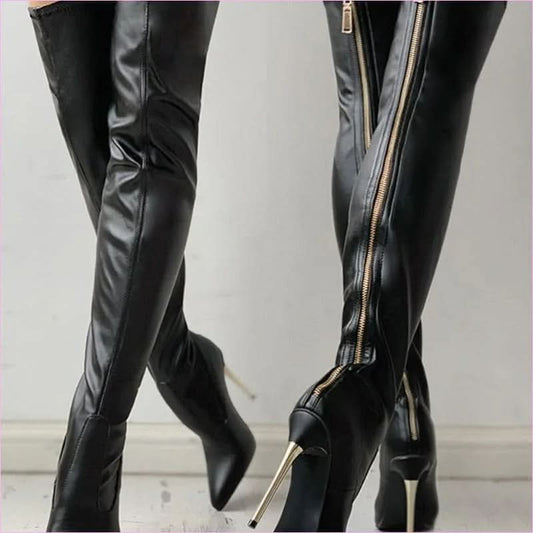 Thigh Length Ladies Boots with Zipper High Heel and Pointed Toe Style - Pleasures and Sins