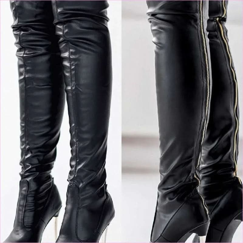 Thigh Length Ladies Boots with Zipper High Heel and Pointed Toe Style - Pleasures and Sins