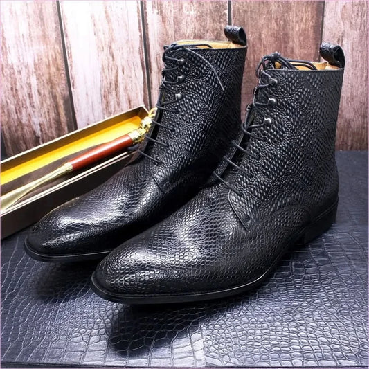 Trendy Black Real Leather Pointed Toe Boots with Snakeskin Texture - Pleasures and Sins